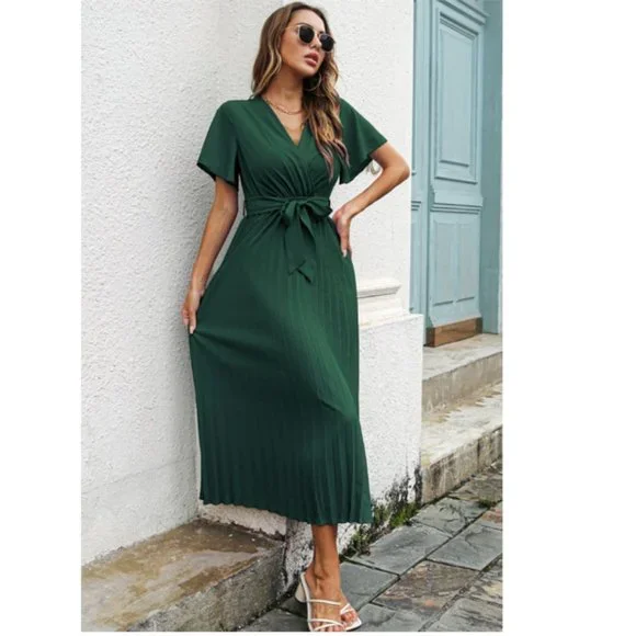 Flutter Sleeve Belted Surplice Midi Dress - Picture 2 of 9